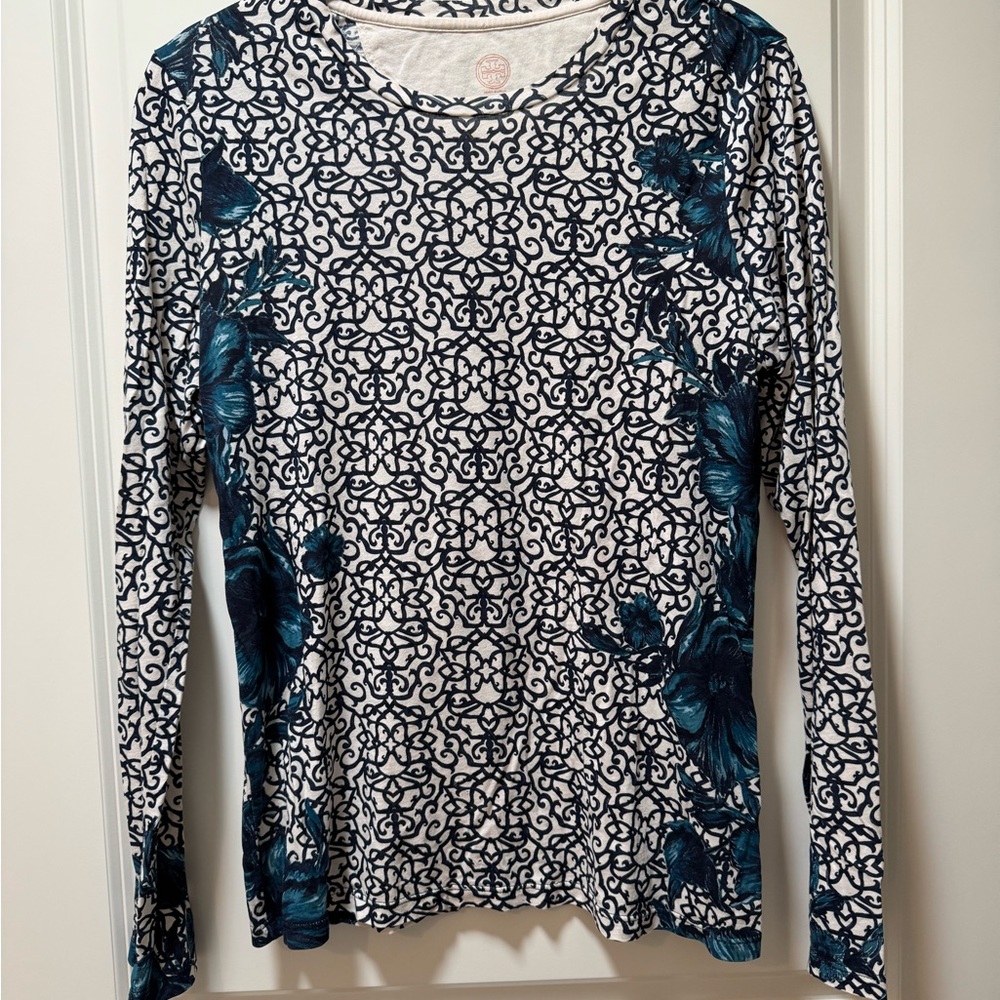 Tory Burch Blue and White Crew Neck long sleeve 100% stretch ima cotton  size S